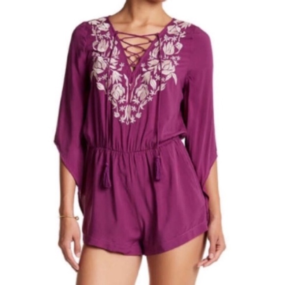 Peach Love California Embroidered Lace-Up Romper - Picture 2 of 7